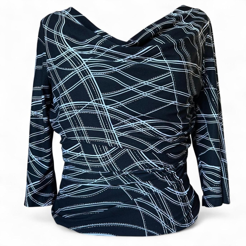 Byer California Y2K Black Silver Abstract Cowl Neck 3/4 Sleeve Blouse Medium